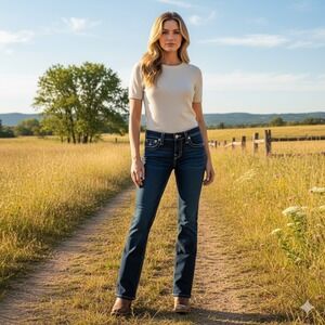 True Religion Bootcut Denim Jeans Women‎ 28 Dark Wash Blue Contrast Stitch Flap